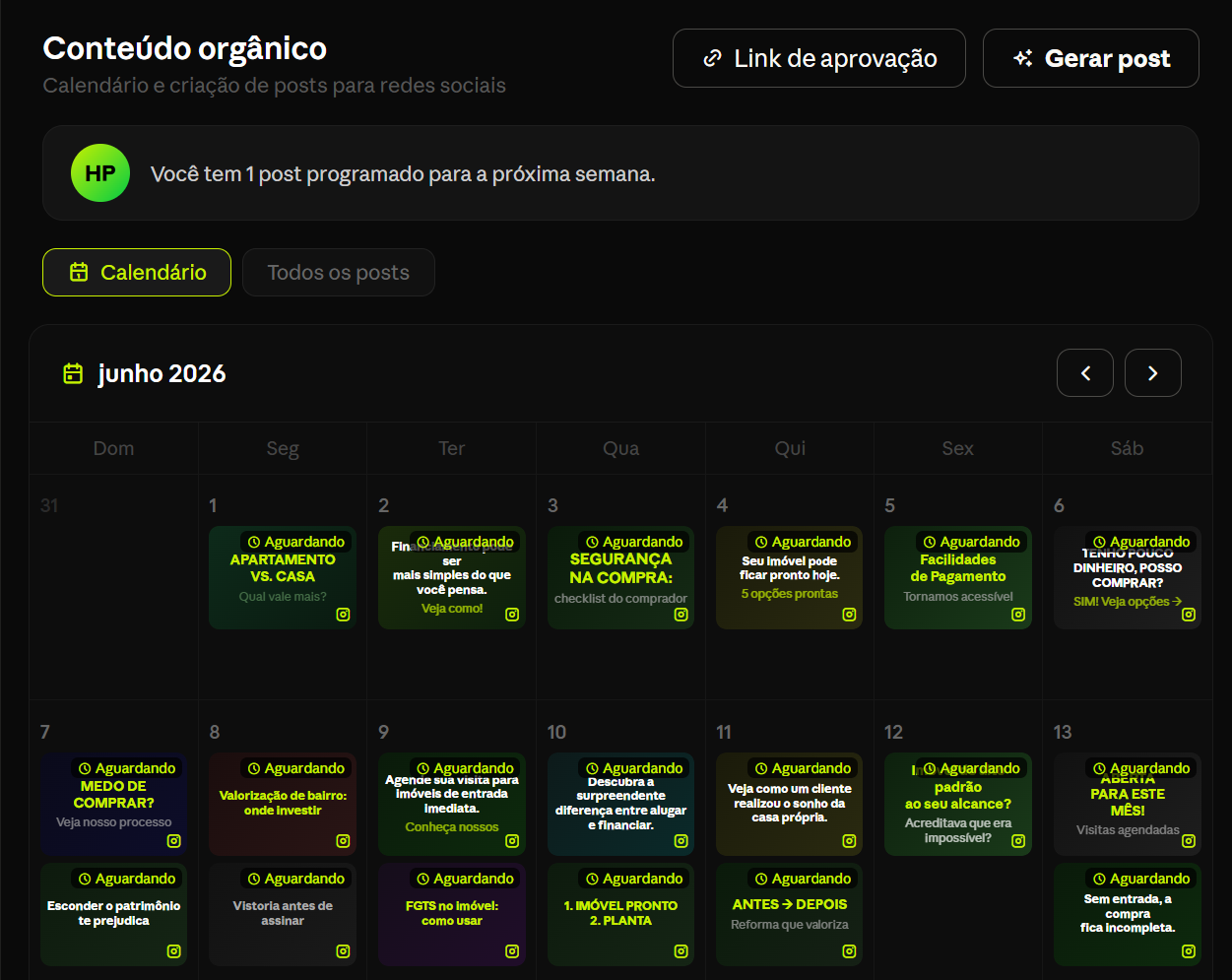 Calendário e criação de posts para redes sociais na plataforma Heropass