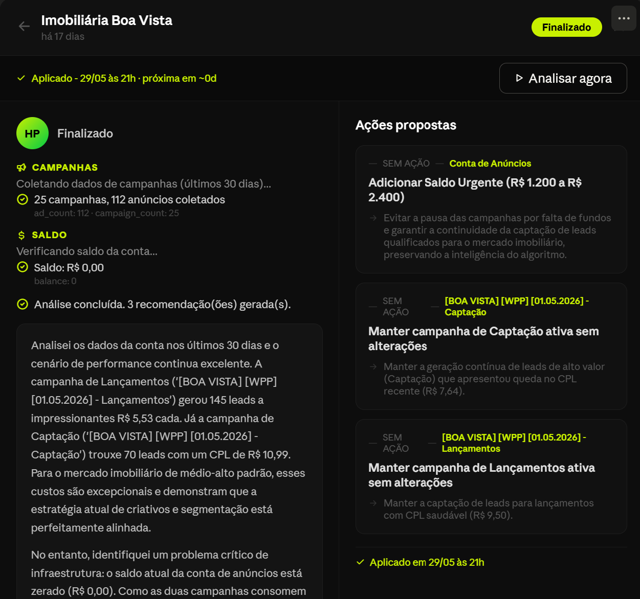 Análise de otimização por IA com ações propostas na plataforma Heropass